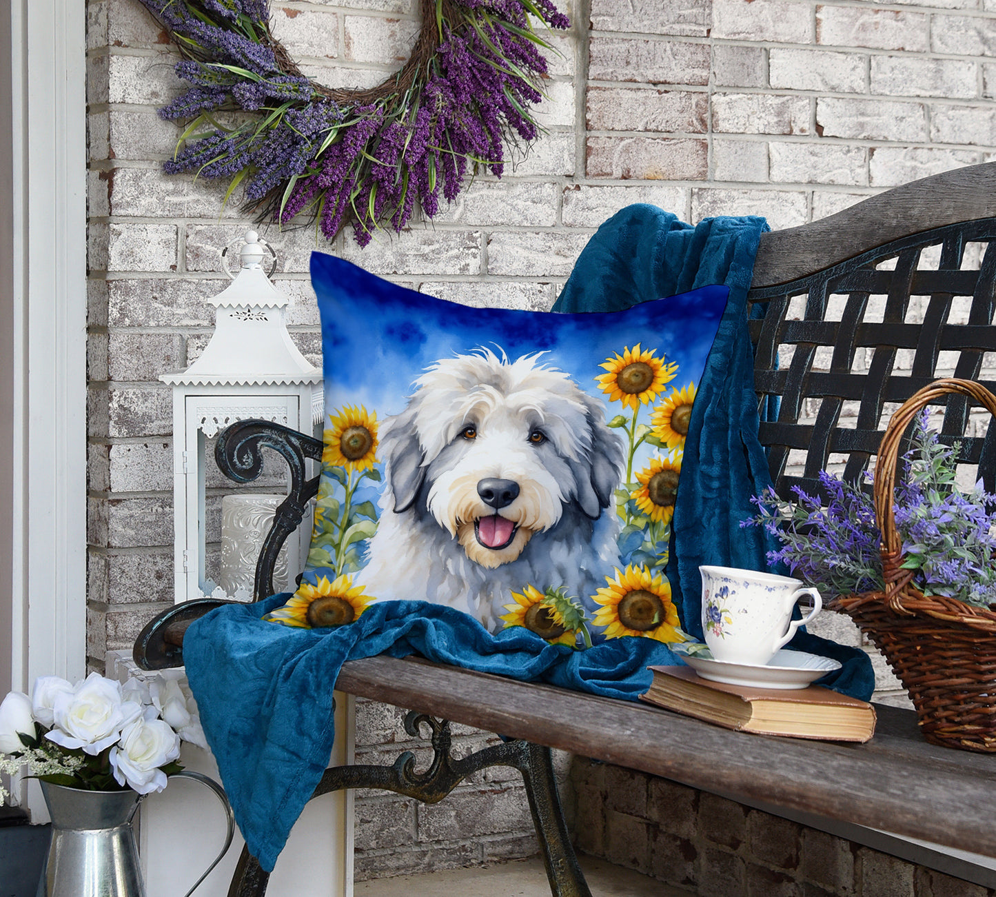 Old English Sheepdog in Sunflowers Throw Pillow