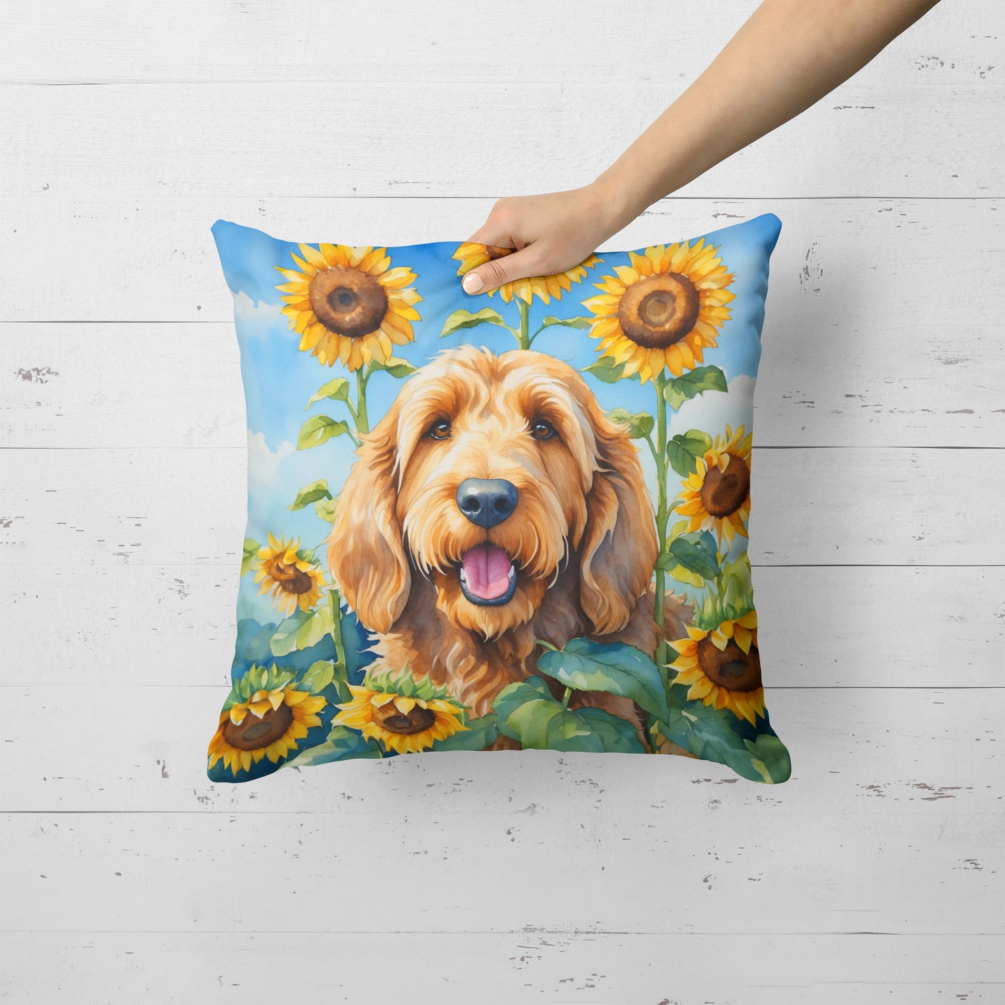 Otterhound in Sunflowers Throw Pillow