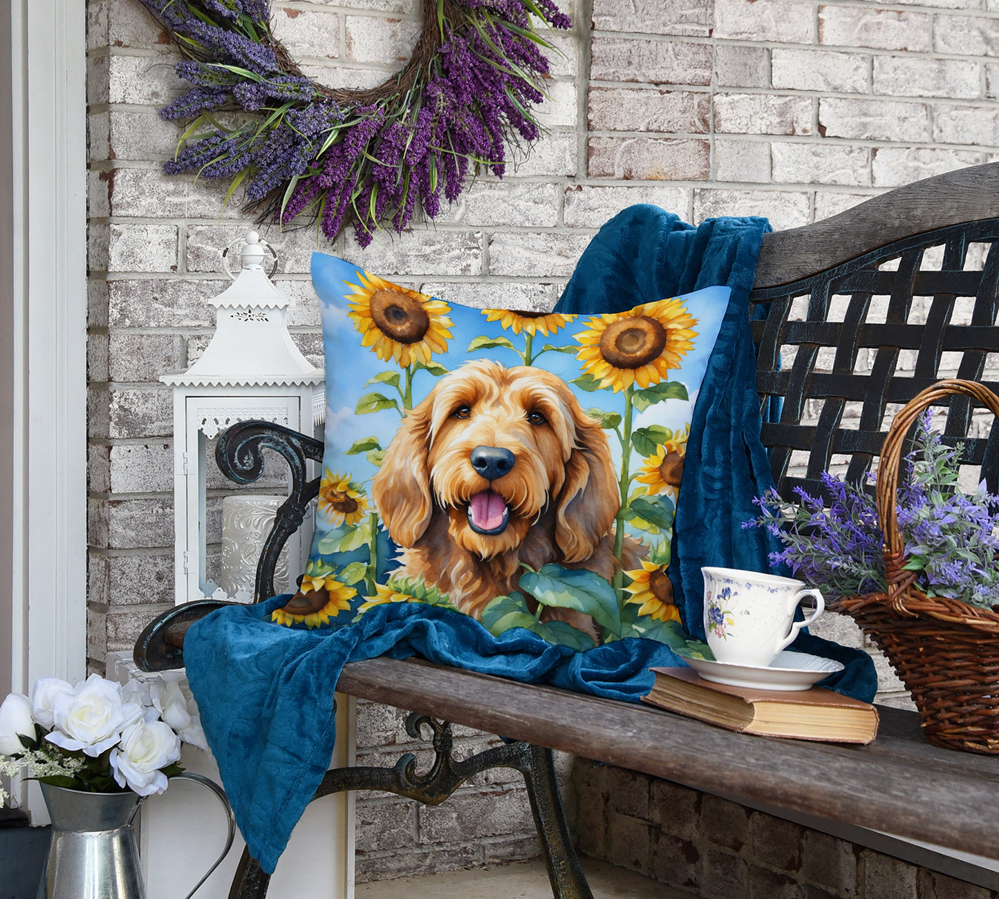 Otterhound in Sunflowers Throw Pillow