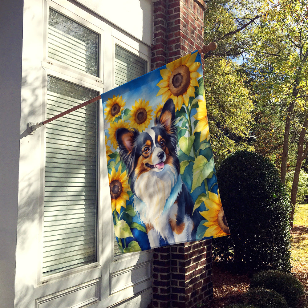 Papillon in Sunflowers House Flag