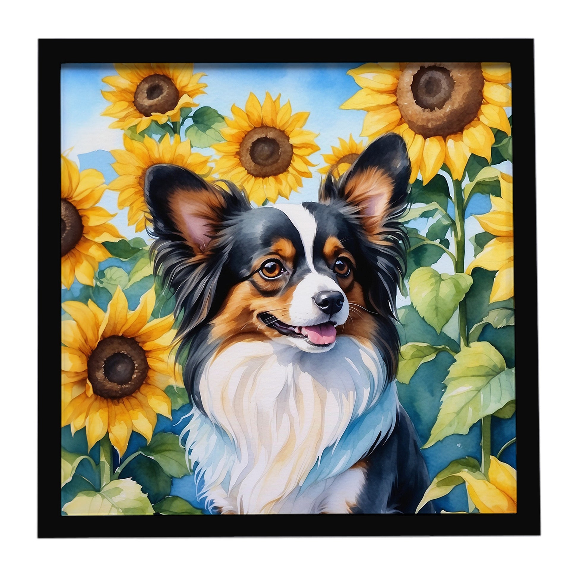 Buy this Papillon in Sunflowers Framed Metal Print