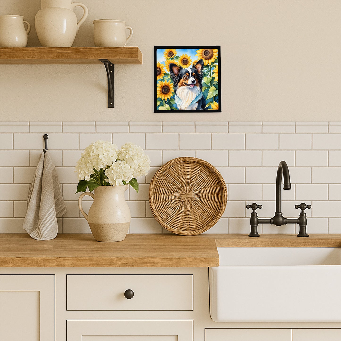 Papillon in Sunflowers Framed Metal Print