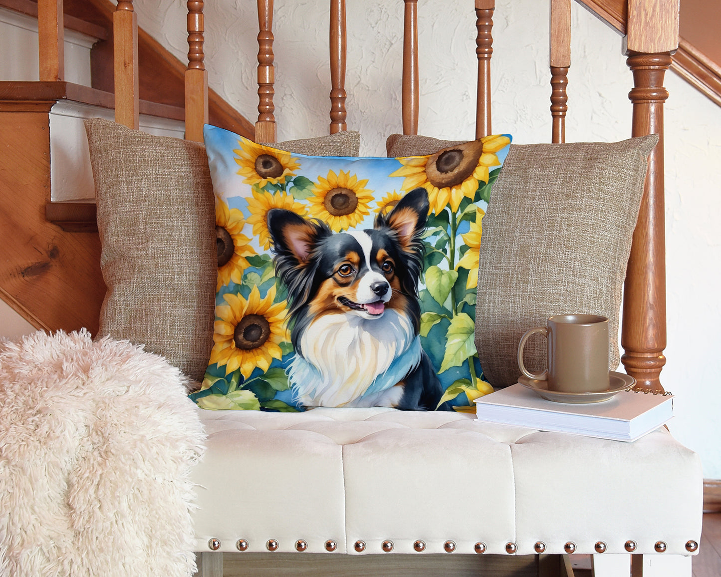 Papillon in Sunflowers Throw Pillow