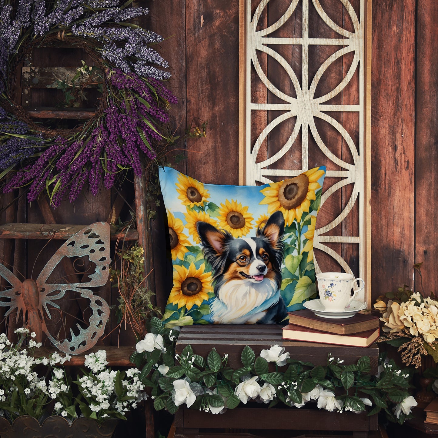 Papillon in Sunflowers Throw Pillow