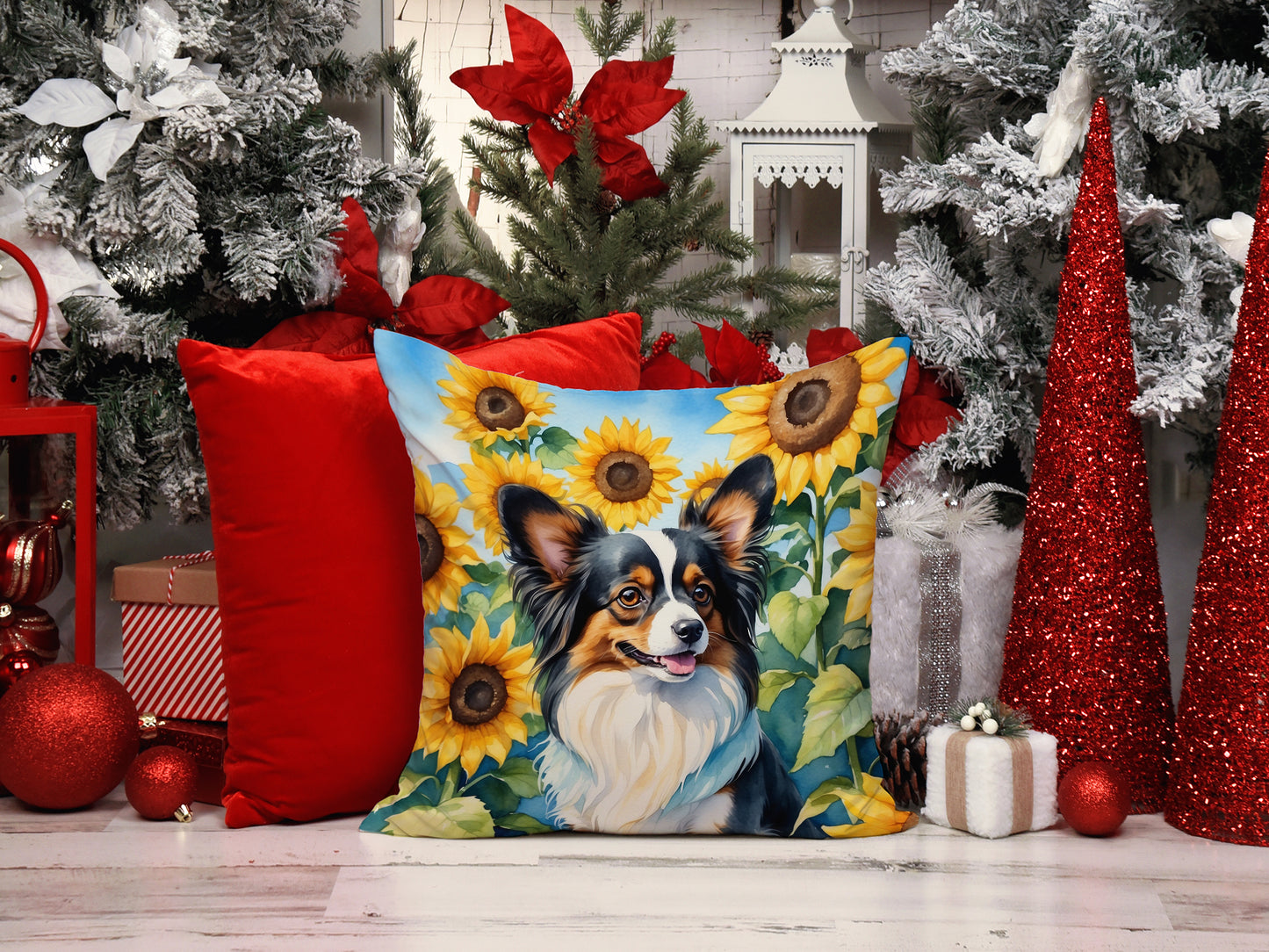 Papillon in Sunflowers Throw Pillow