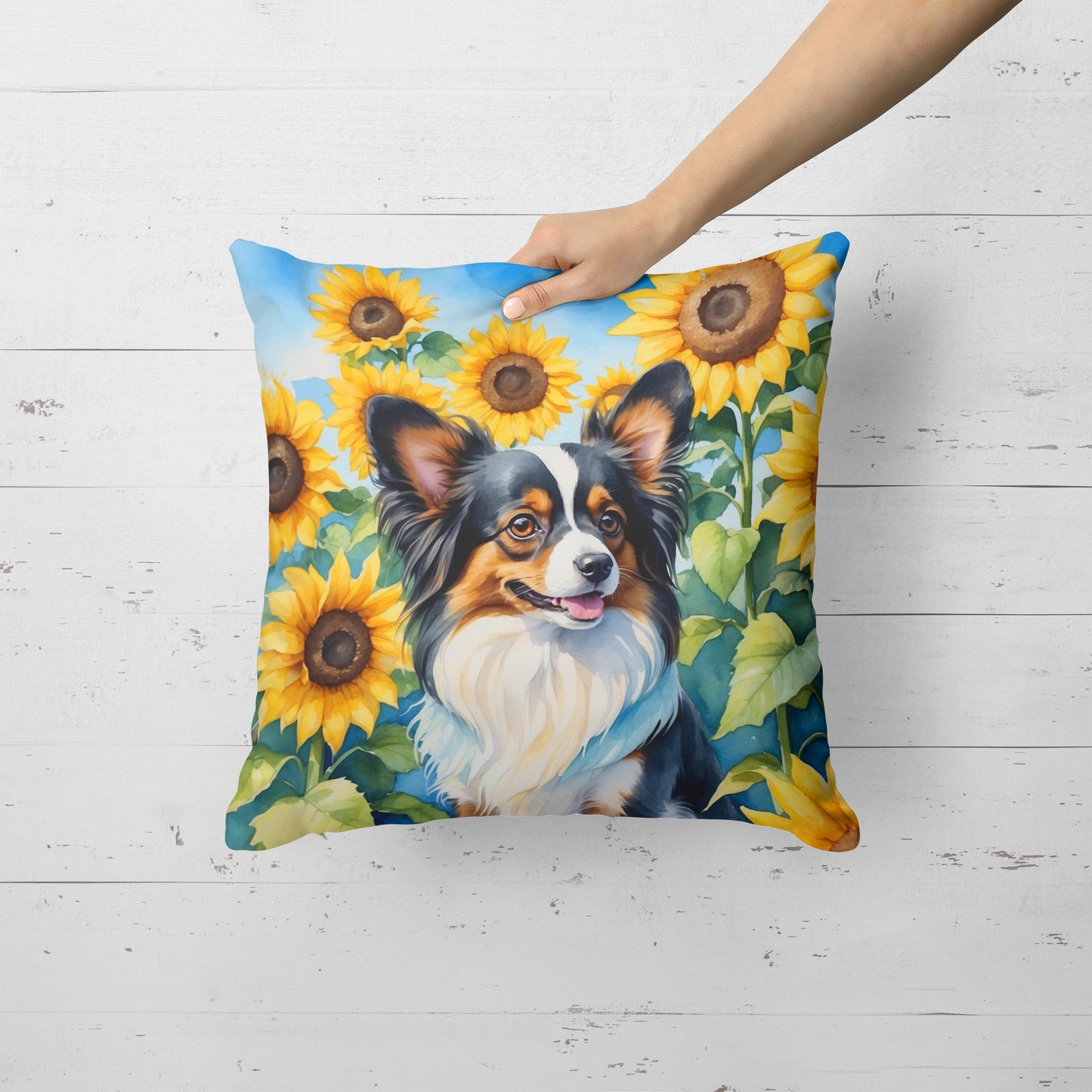 Papillon in Sunflowers Throw Pillow