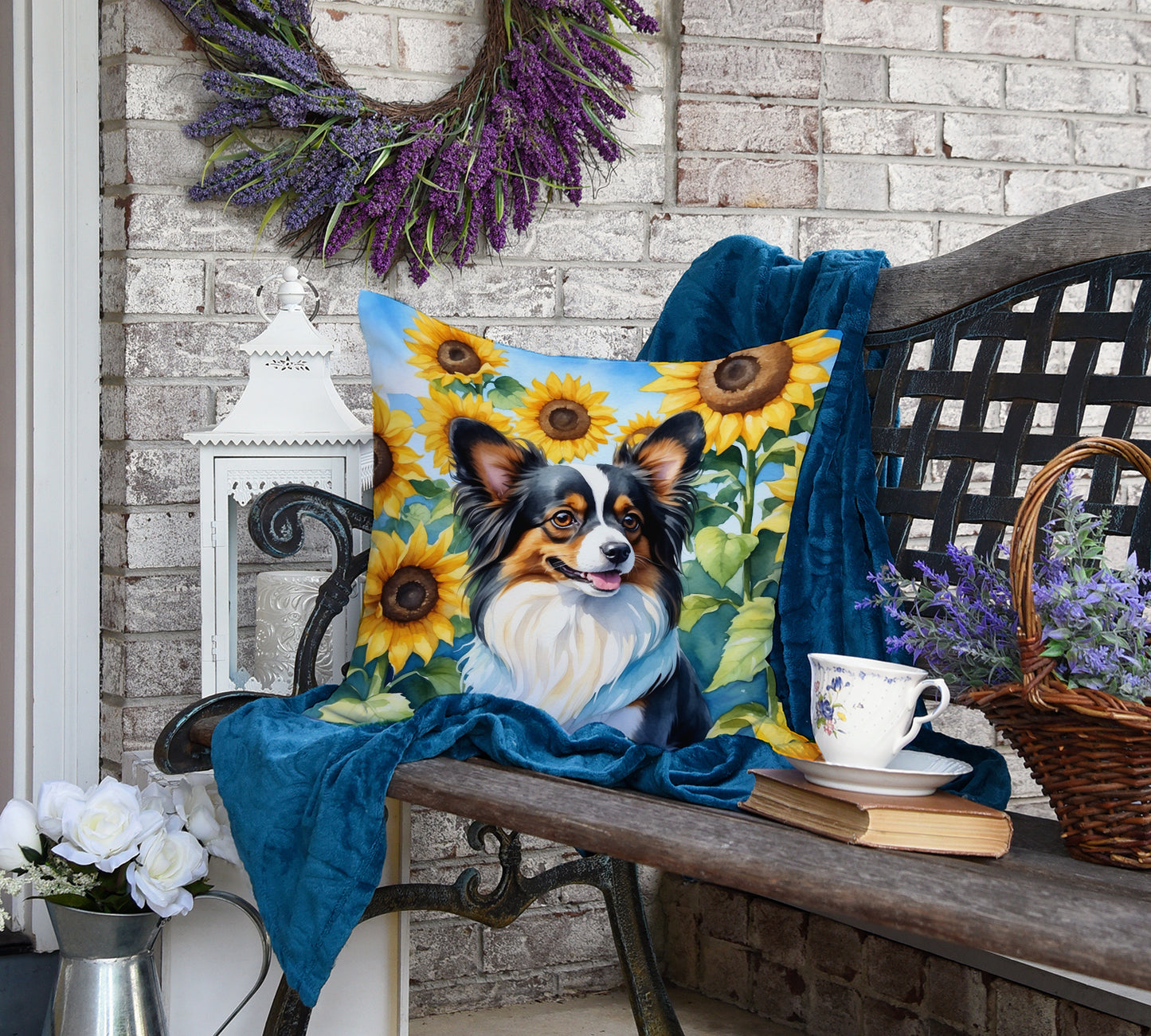 Papillon in Sunflowers Throw Pillow