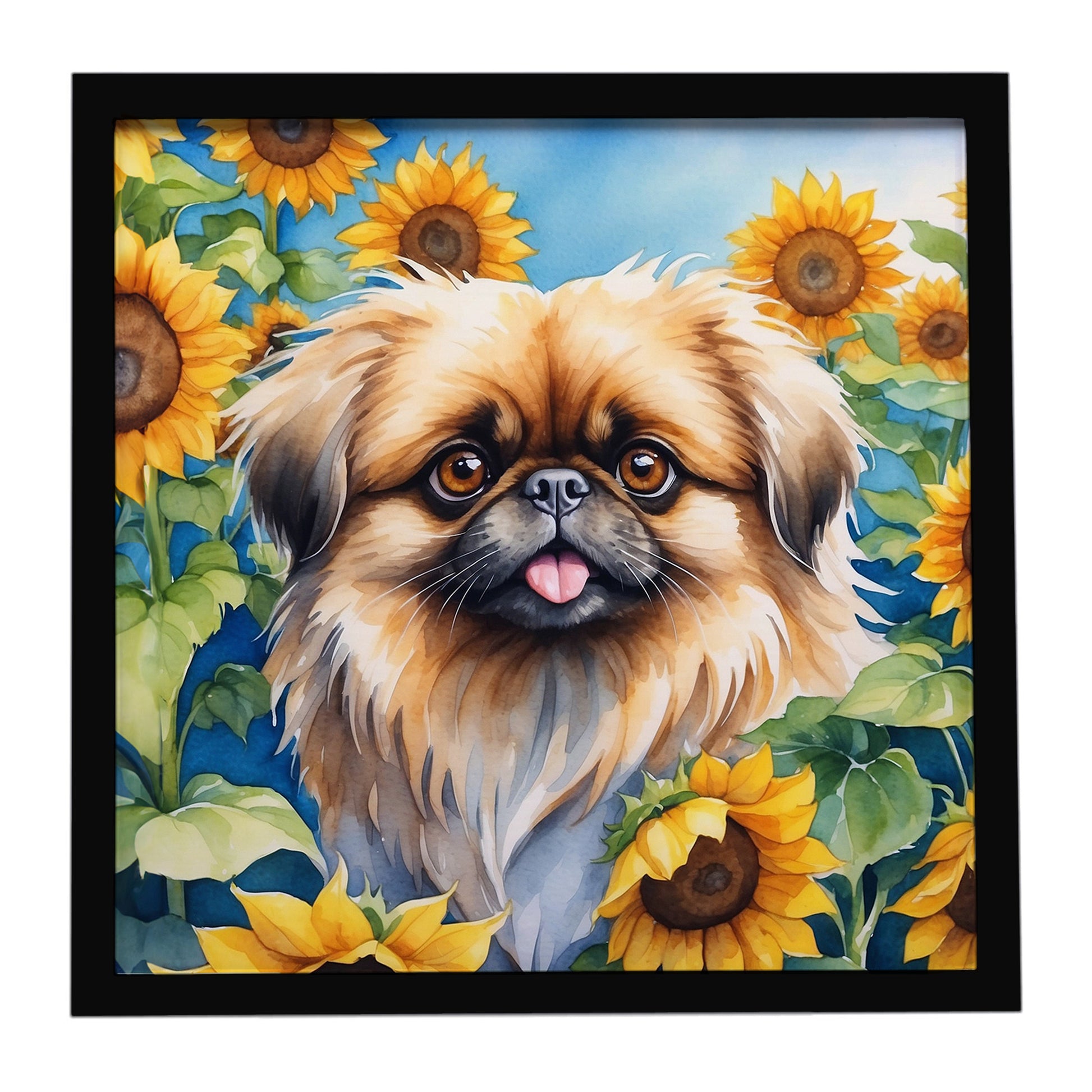 Buy this Pekingese in Sunflowers Framed Metal Print