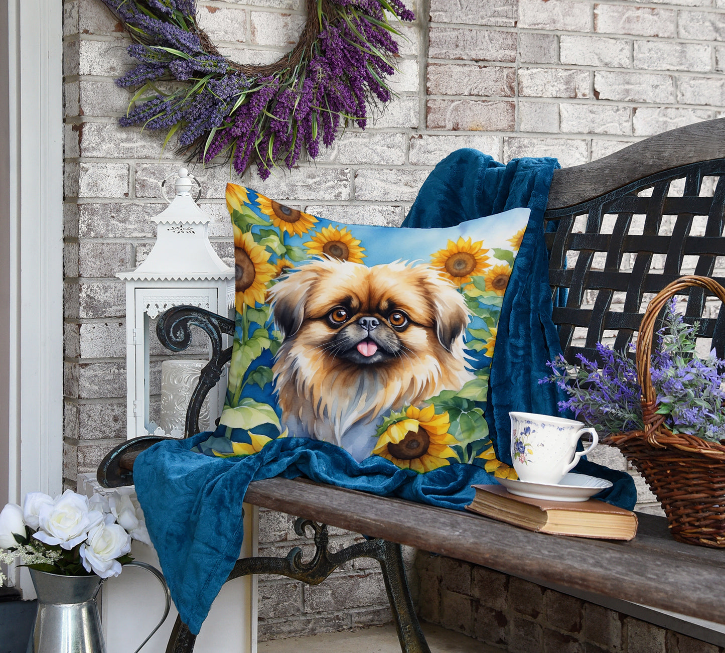 Pekingese in Sunflowers Throw Pillow