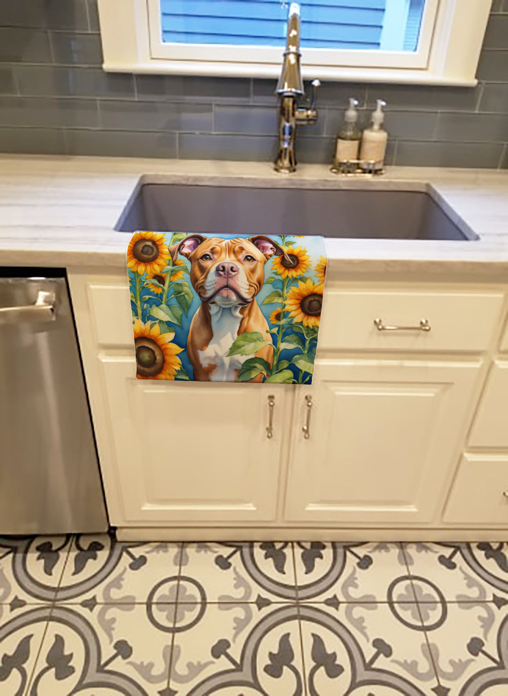 Pit Bull Terrier in Sunflowers Kitchen Towel