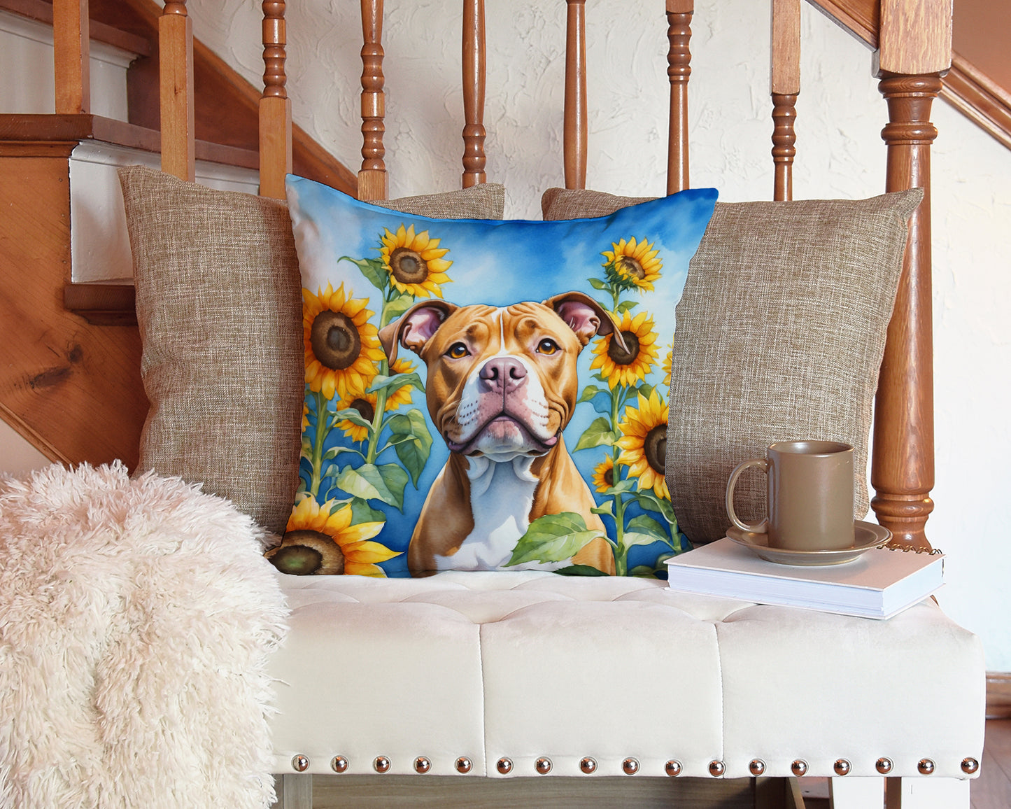 Pit Bull Terrier in Sunflowers Throw Pillow