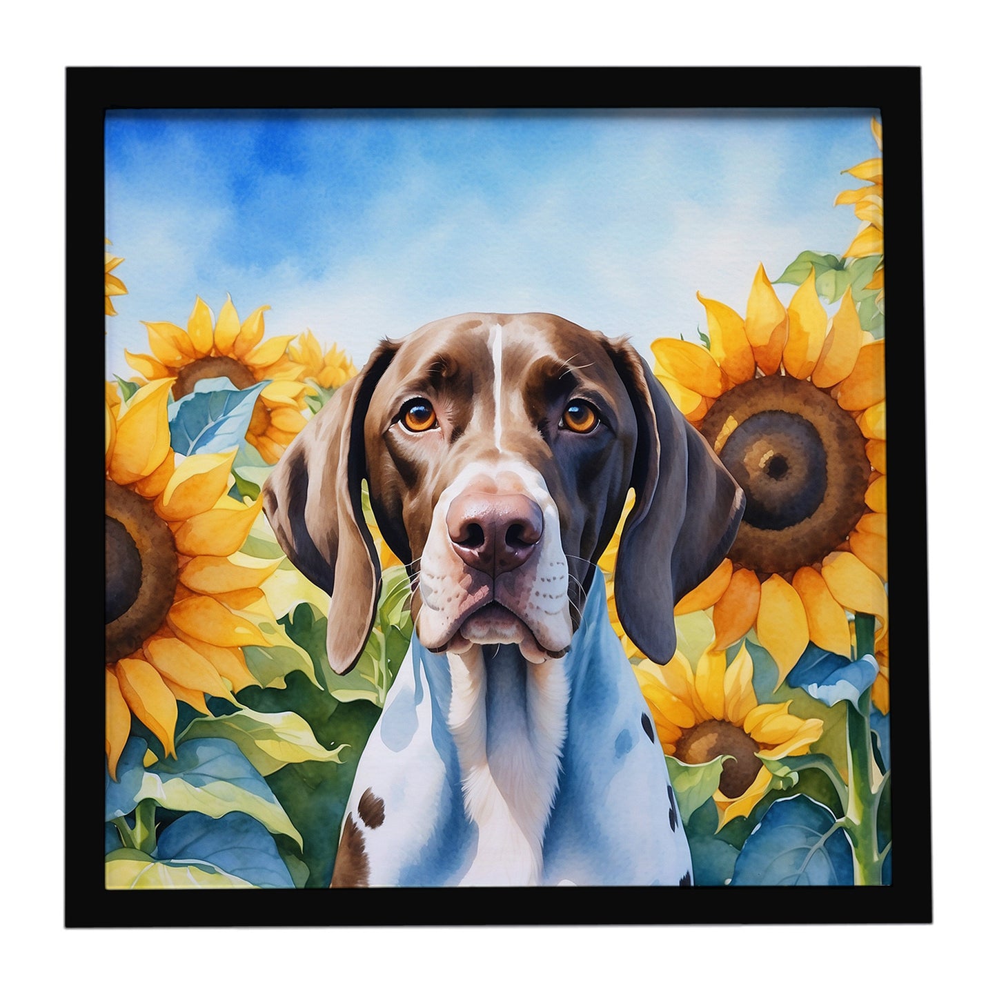 Buy this Pointer in Sunflowers Framed Metal Print