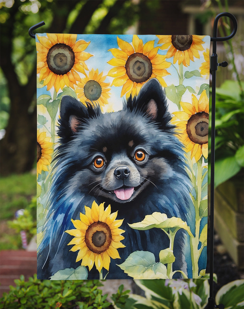 Pomeranian in Sunflowers Garden Flag