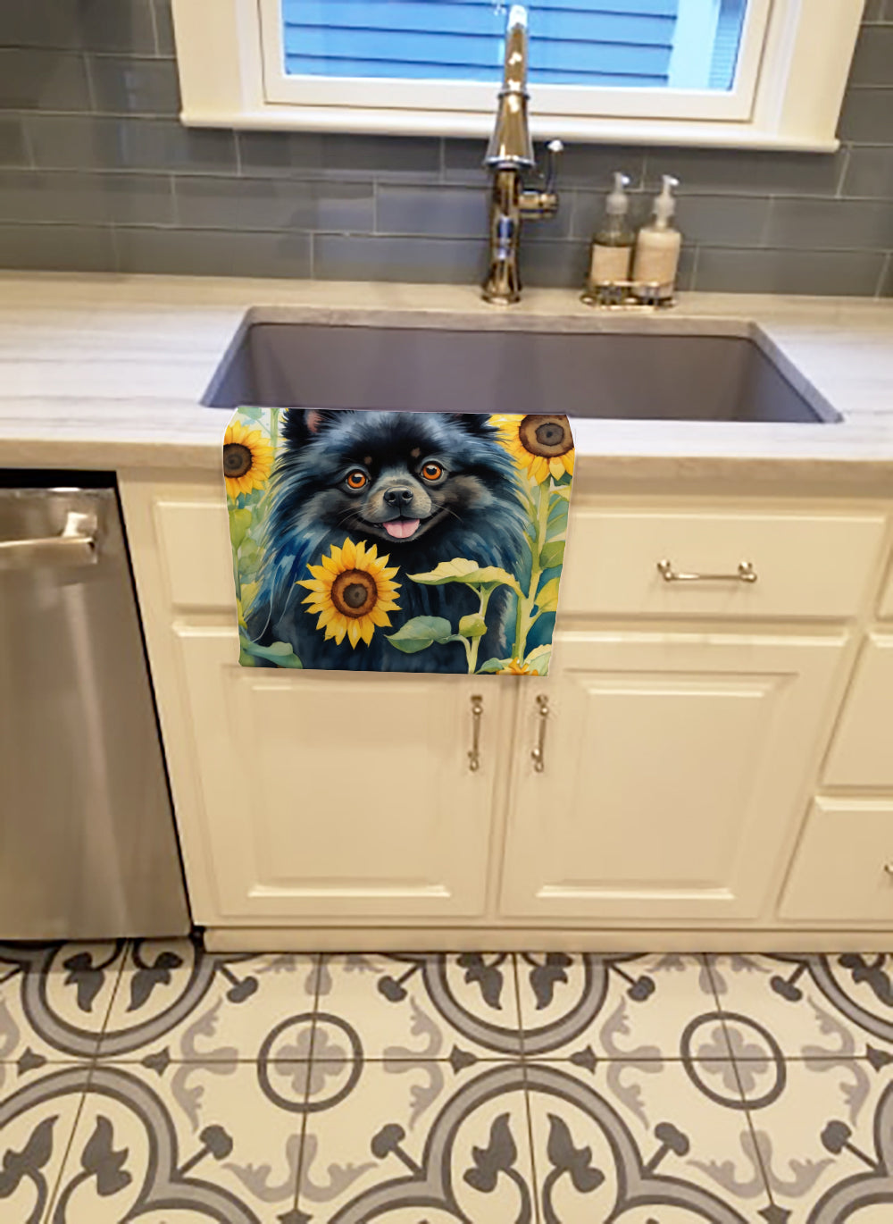Pomeranian in Sunflowers Kitchen Towel