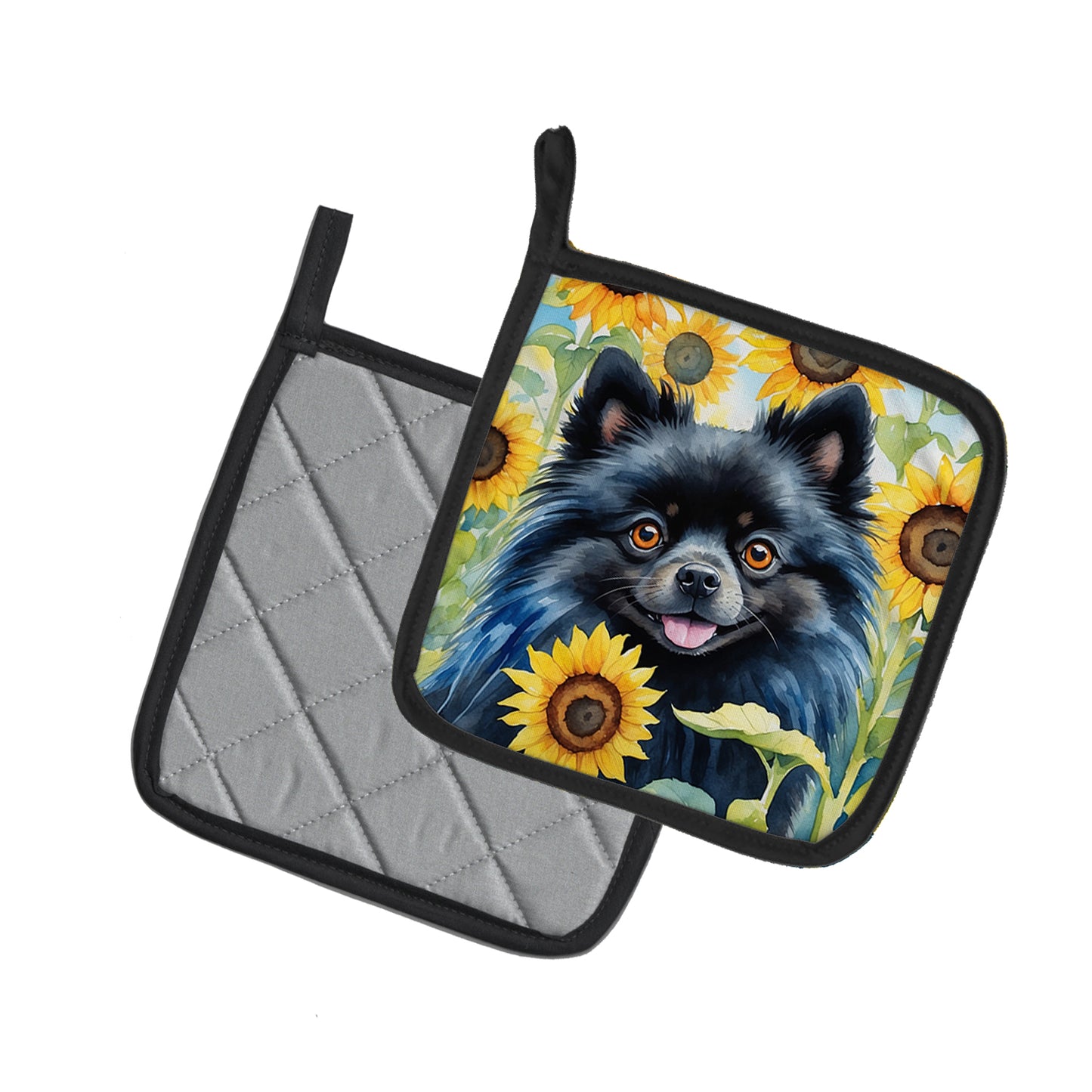 Pomeranian in Sunflowers Pair of Pot Holders