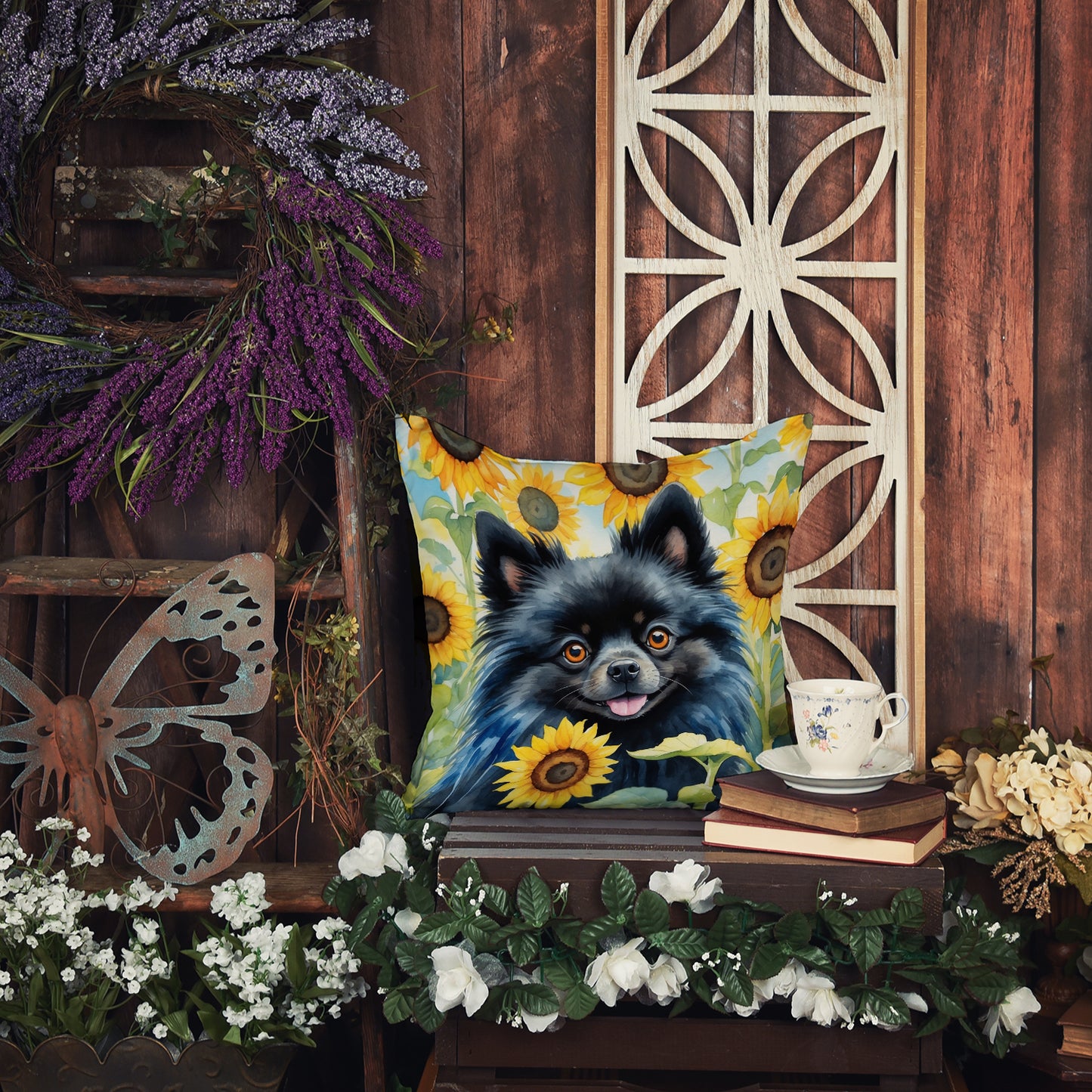 Pomeranian in Sunflowers Throw Pillow