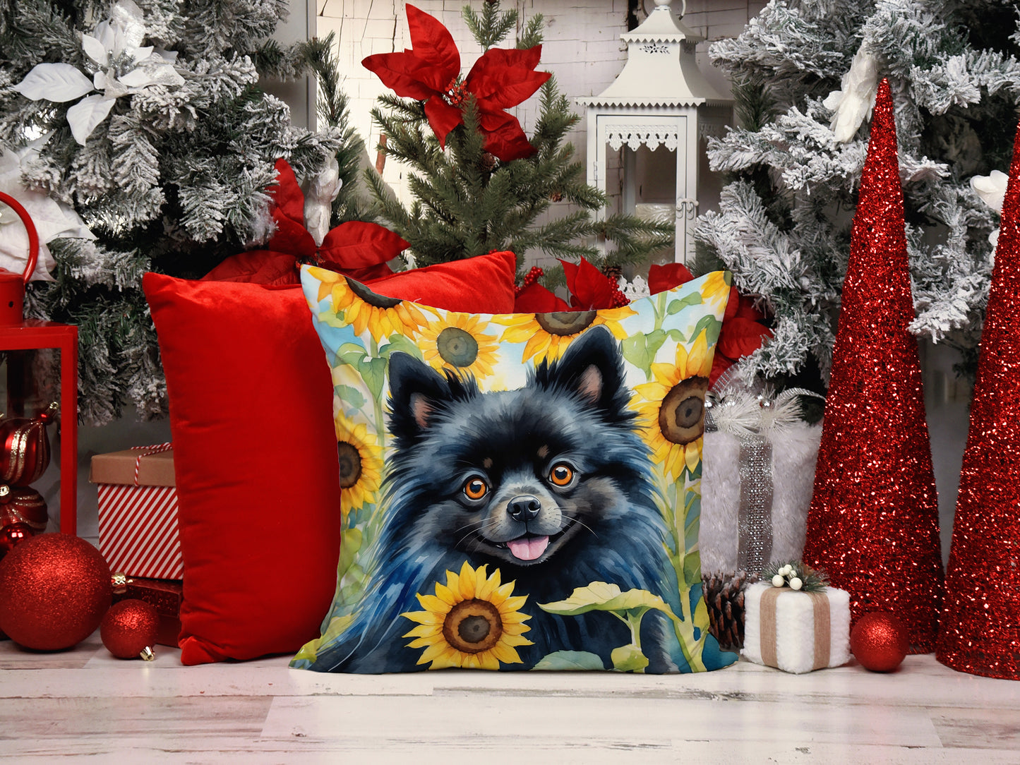 Pomeranian in Sunflowers Throw Pillow