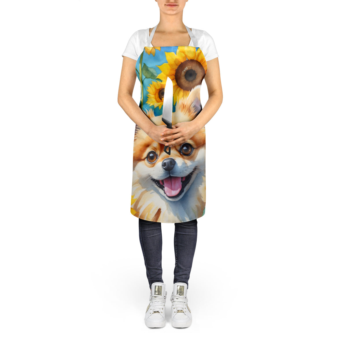 Pomeranian in Sunflowers Apron