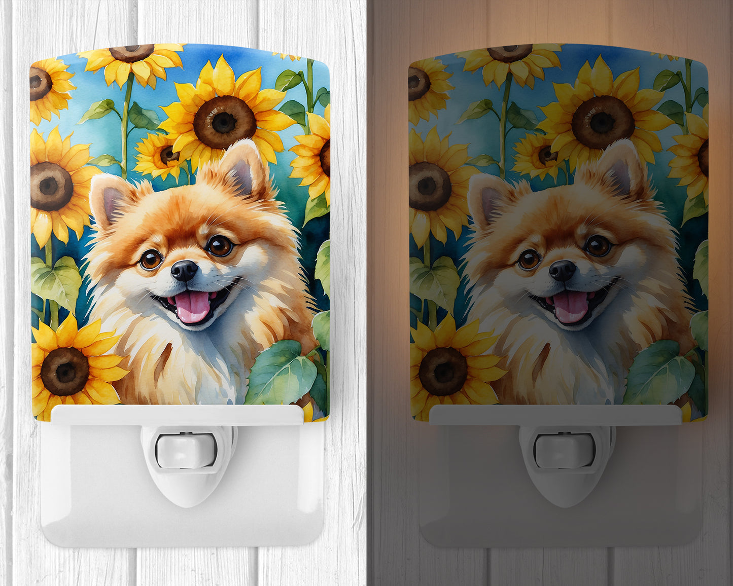 Pomeranian in Sunflowers Ceramic Night Light