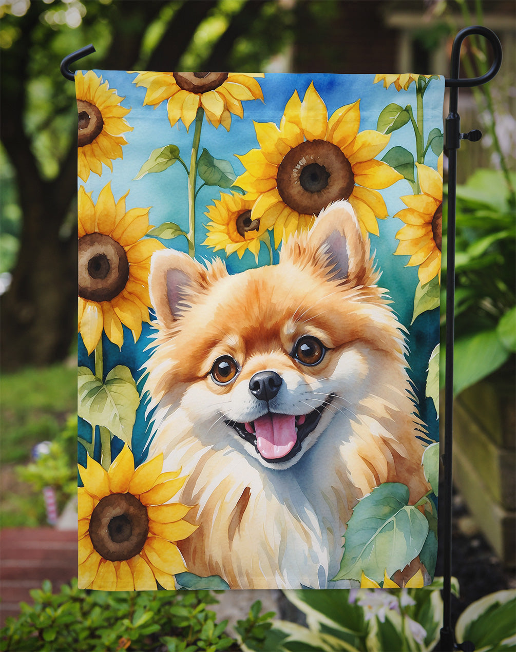 Pomeranian in Sunflowers Garden Flag