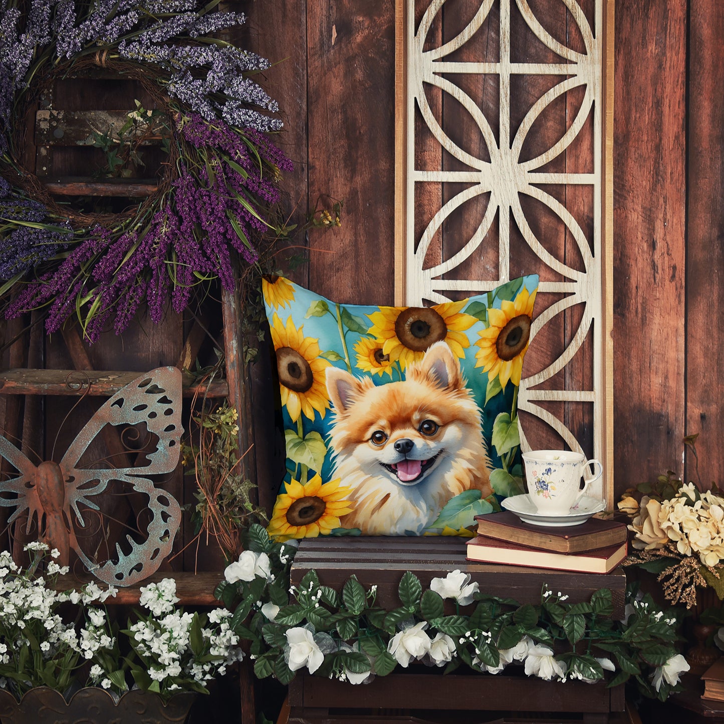 Pomeranian in Sunflowers Throw Pillow