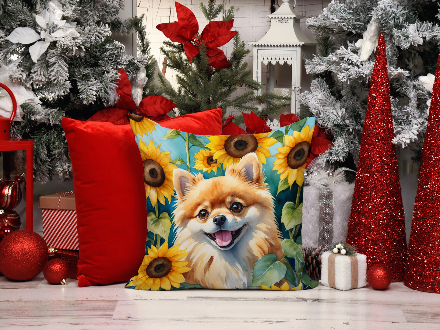 Pomeranian in Sunflowers Throw Pillow