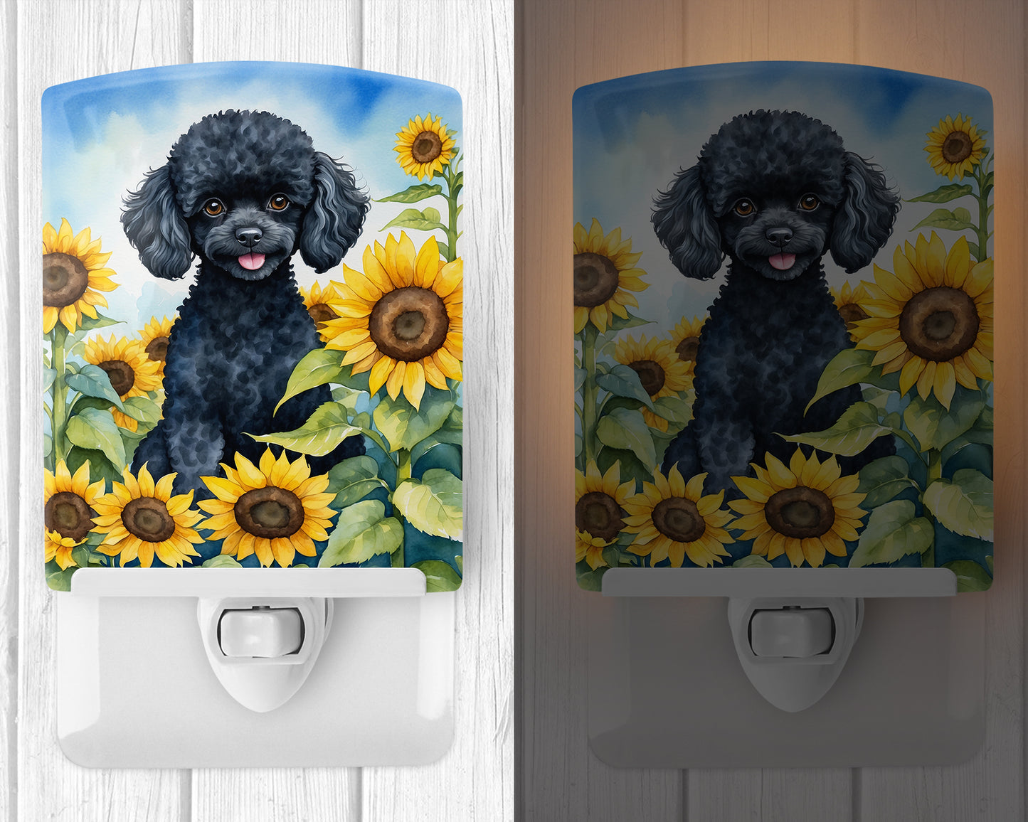 Black Poodle in Sunflowers Ceramic Night Light