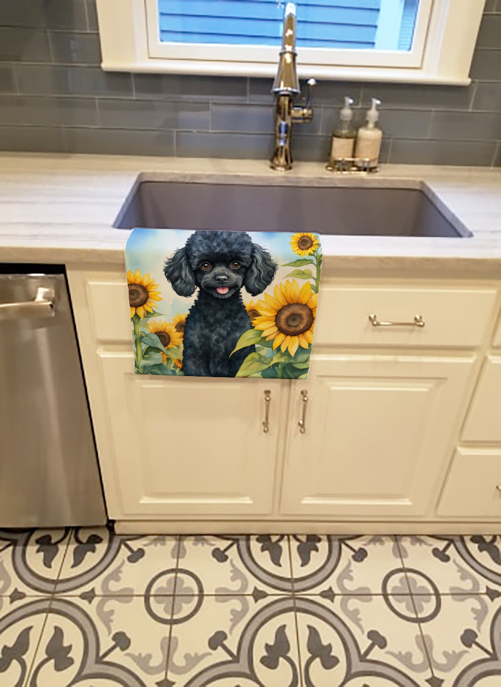 Black Poodle in Sunflowers Kitchen Towel