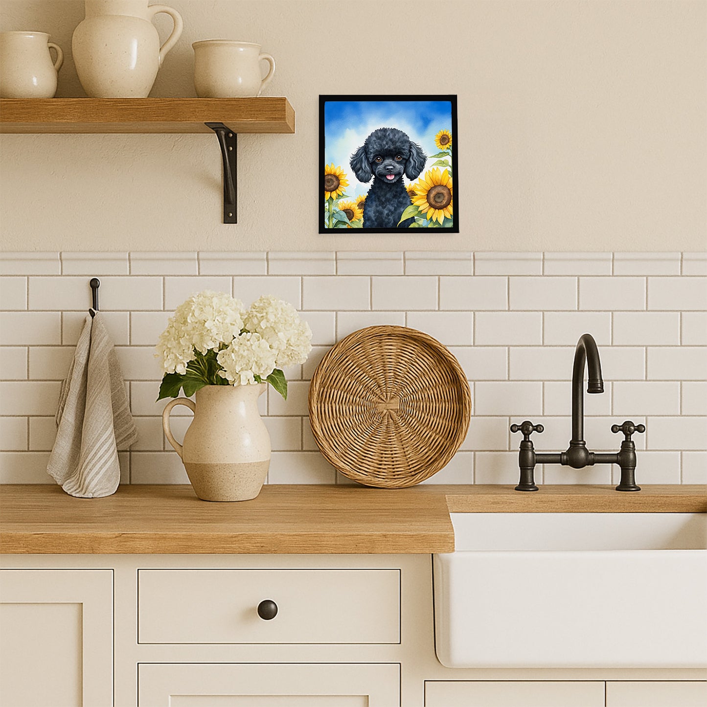 Black Poodle in Sunflowers Framed Metal Print