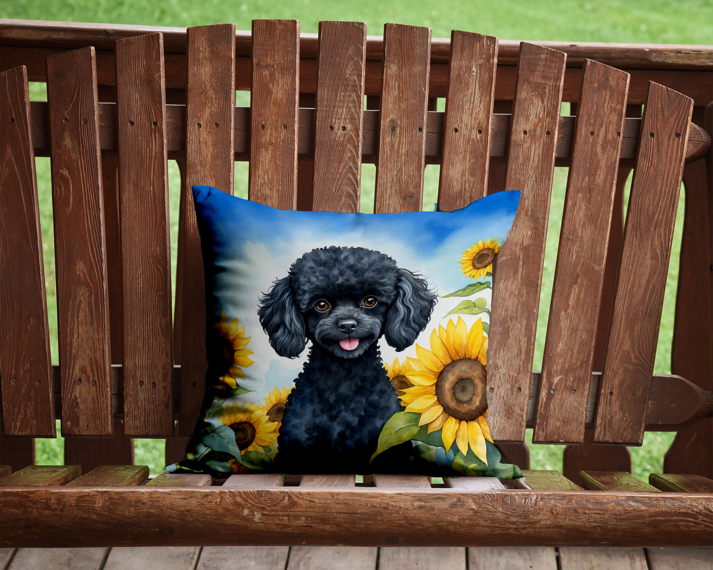 Black Poodle in Sunflowers Throw Pillow