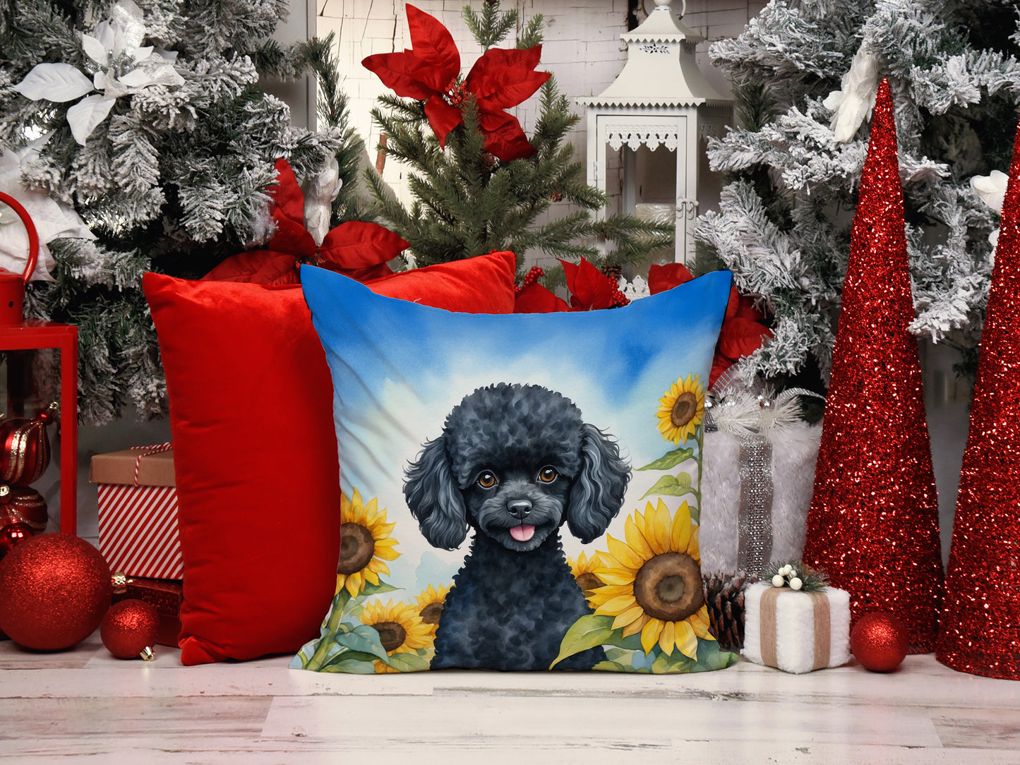 Black Poodle in Sunflowers Throw Pillow