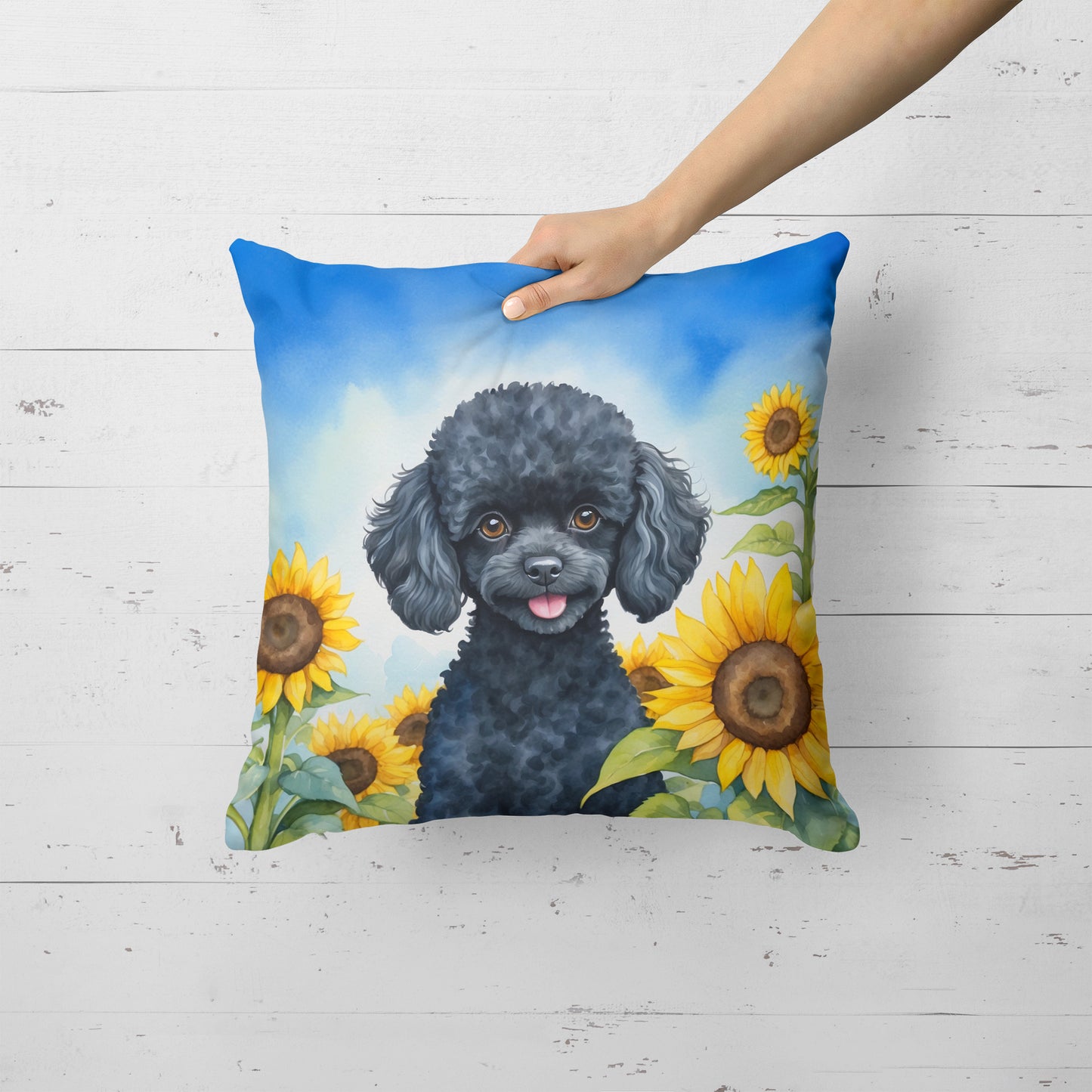 Black Poodle in Sunflowers Throw Pillow