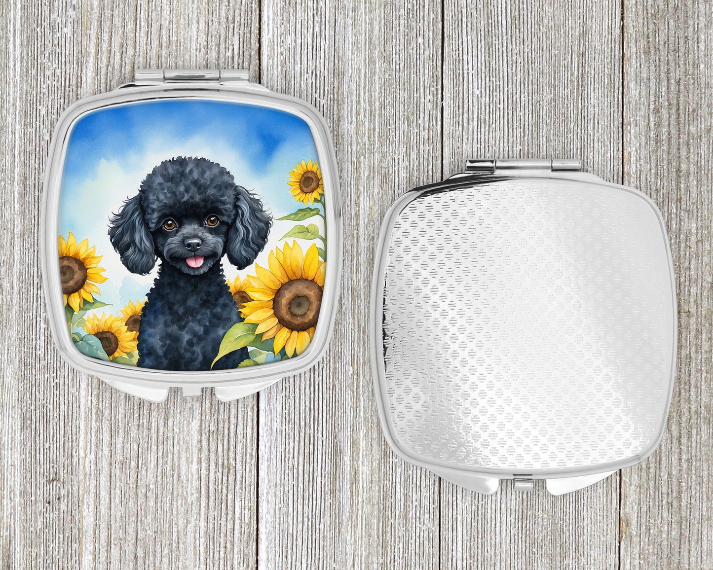 Black Poodle in Sunflowers Compact Mirror