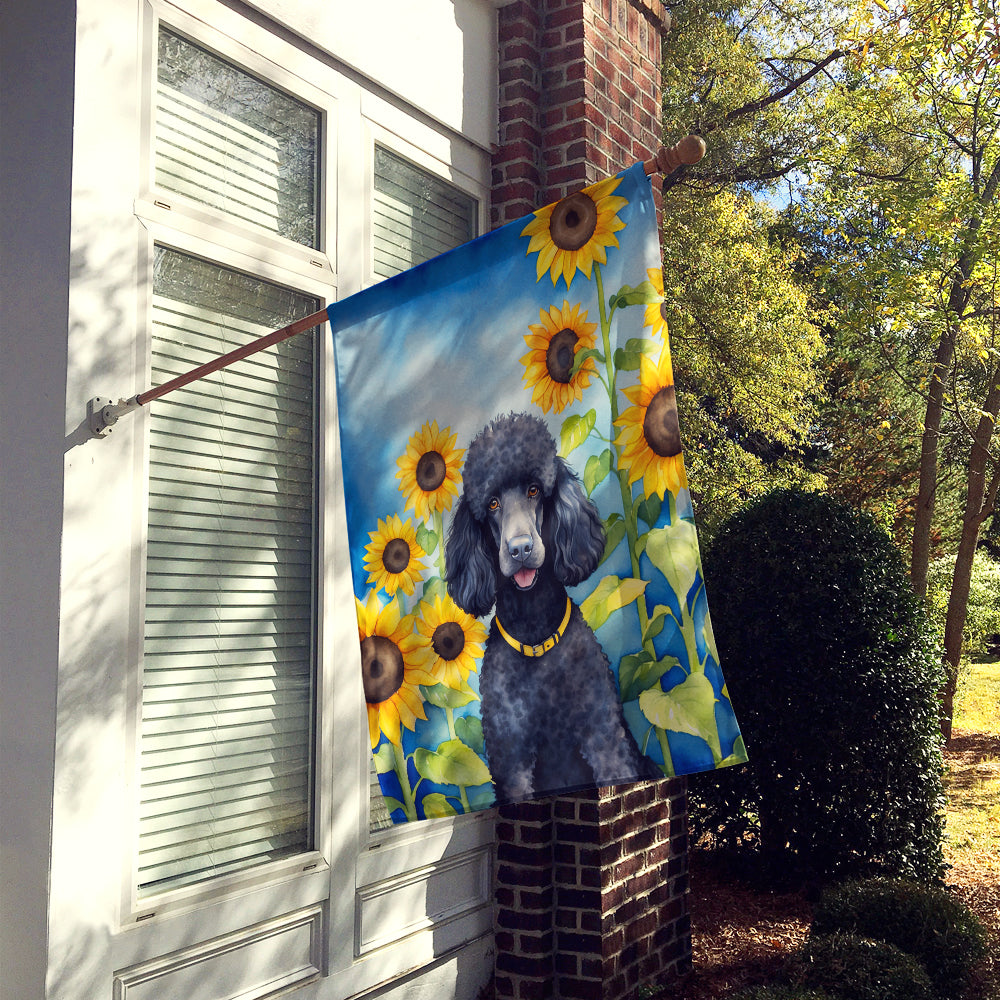 Black Poodle in Sunflowers House Flag