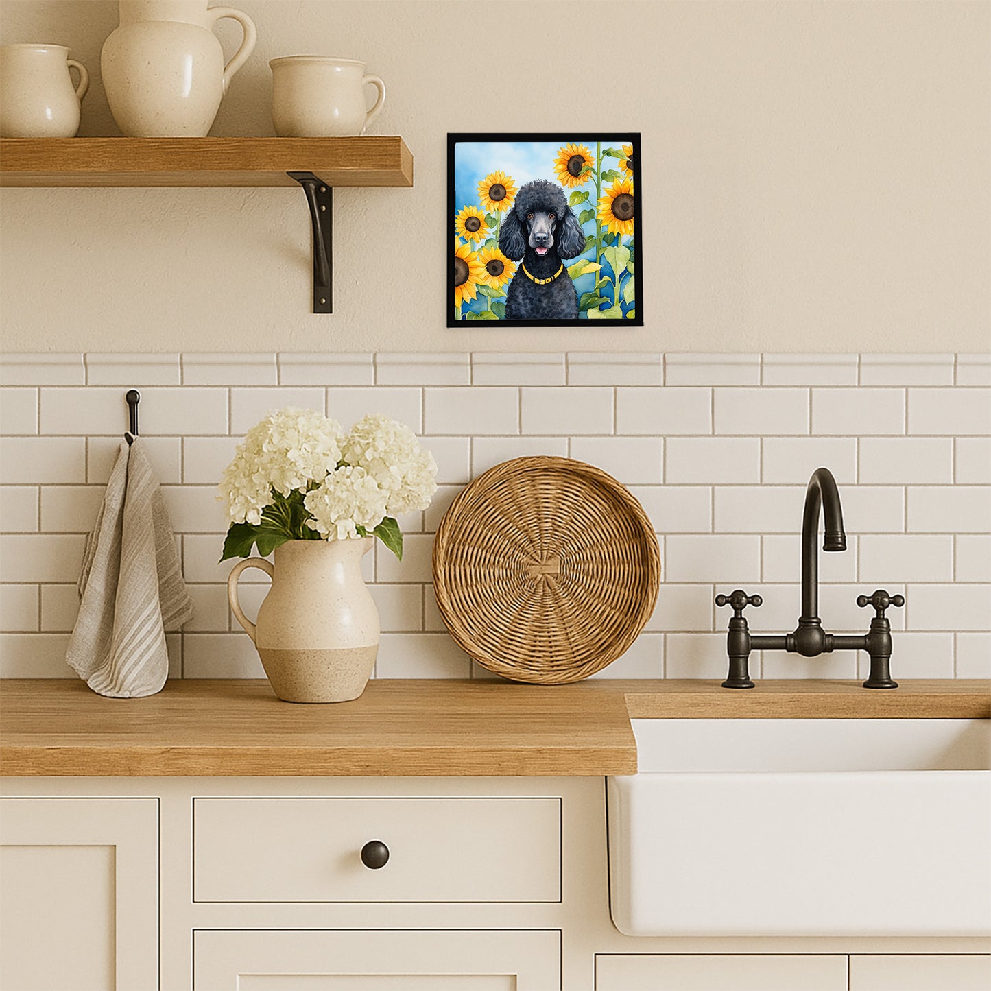 Black Poodle in Sunflowers Framed Metal Print
