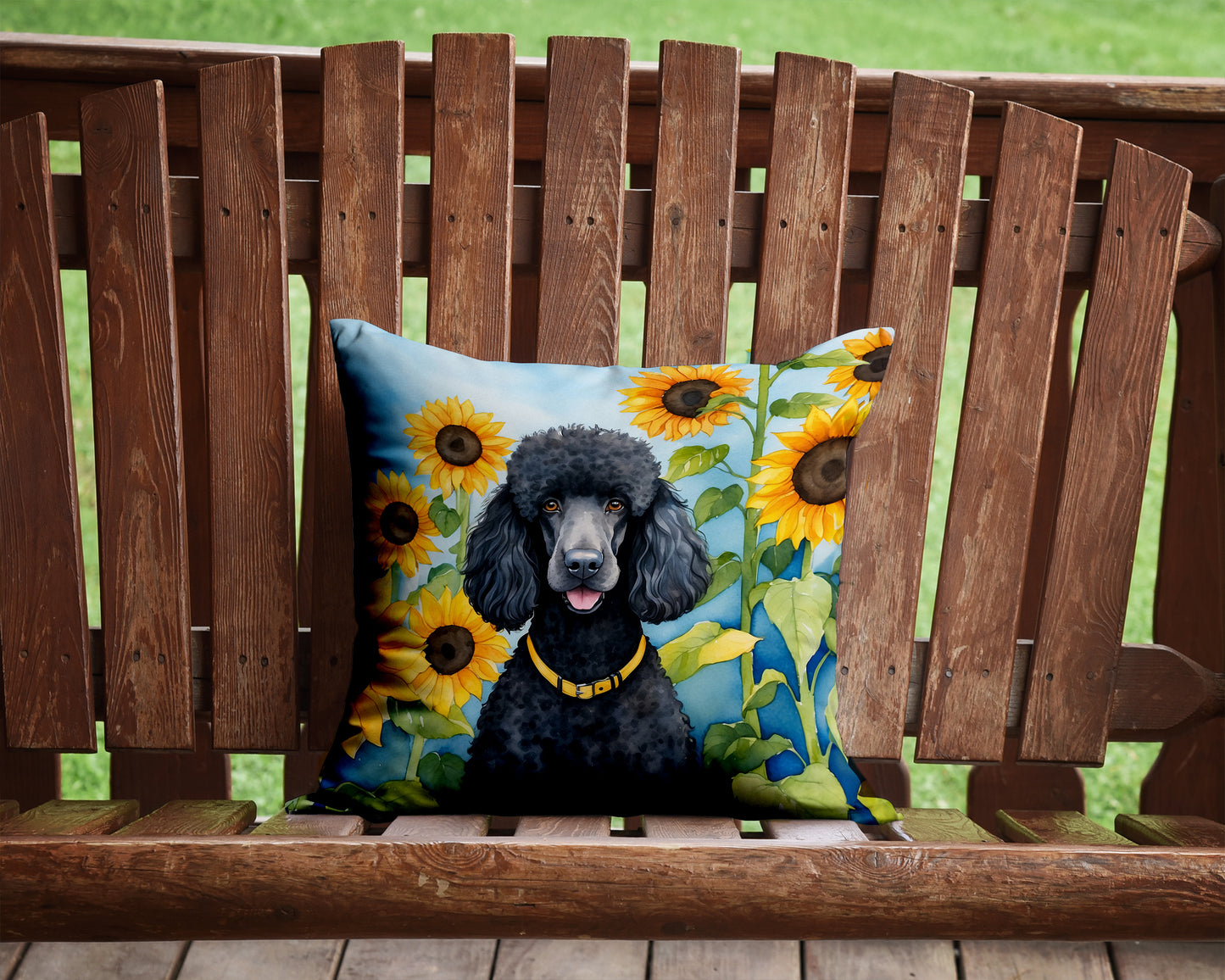 Black Poodle in Sunflowers Throw Pillow