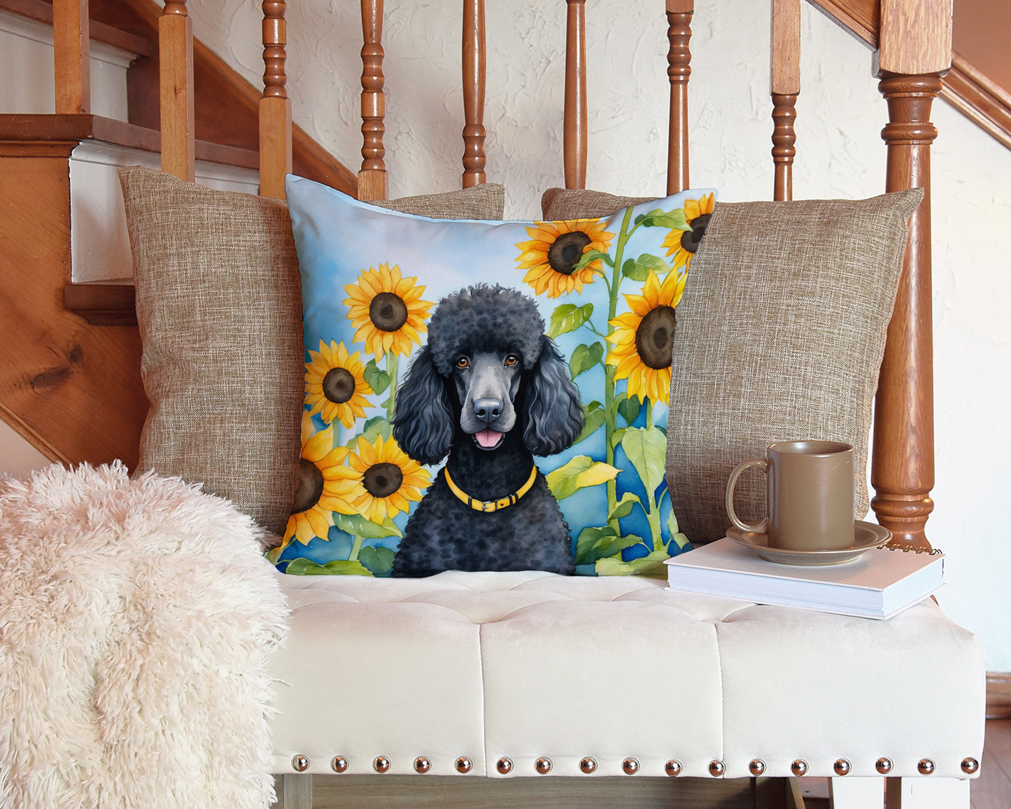 Black Poodle in Sunflowers Throw Pillow