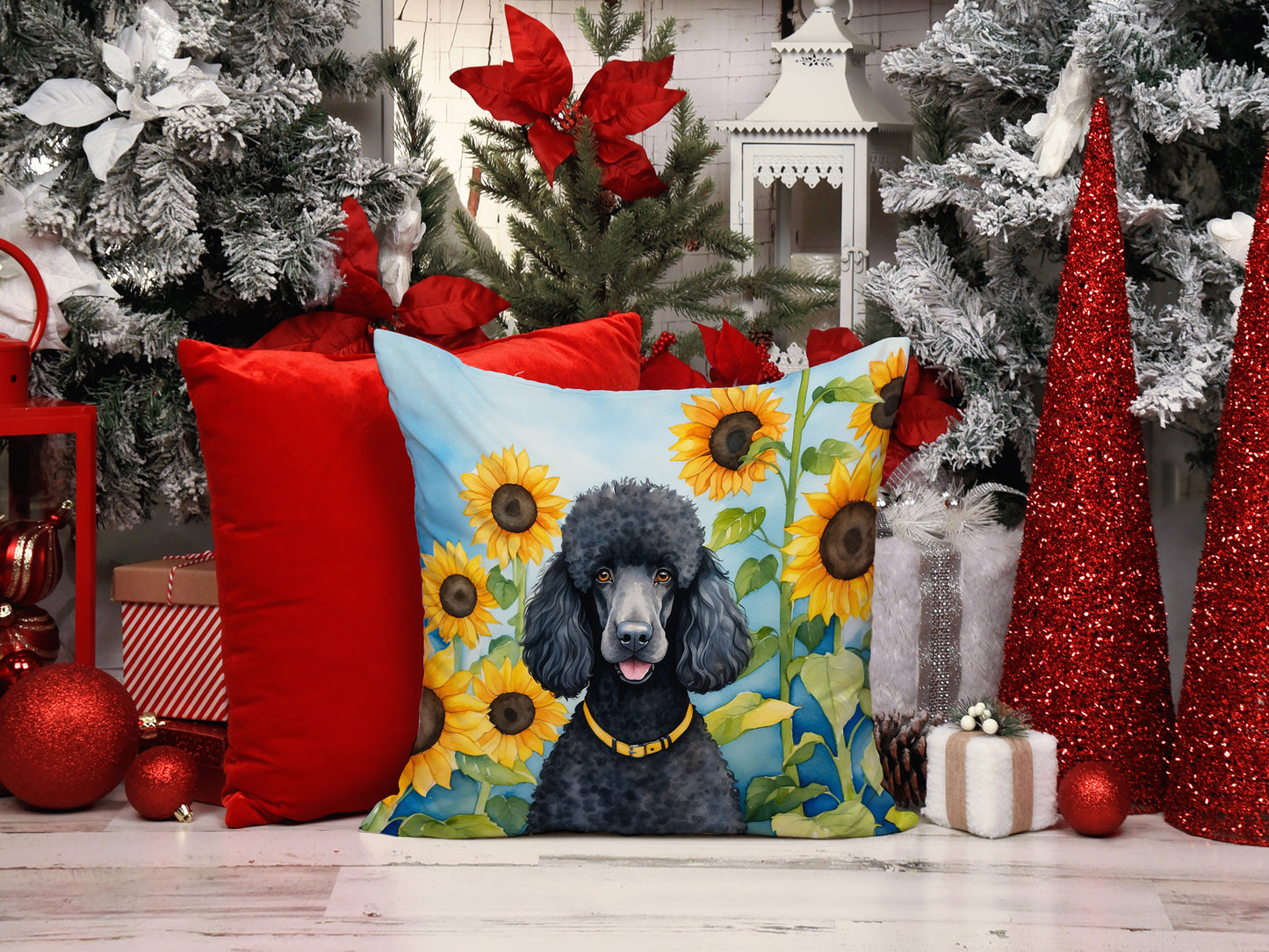 Black Poodle in Sunflowers Throw Pillow