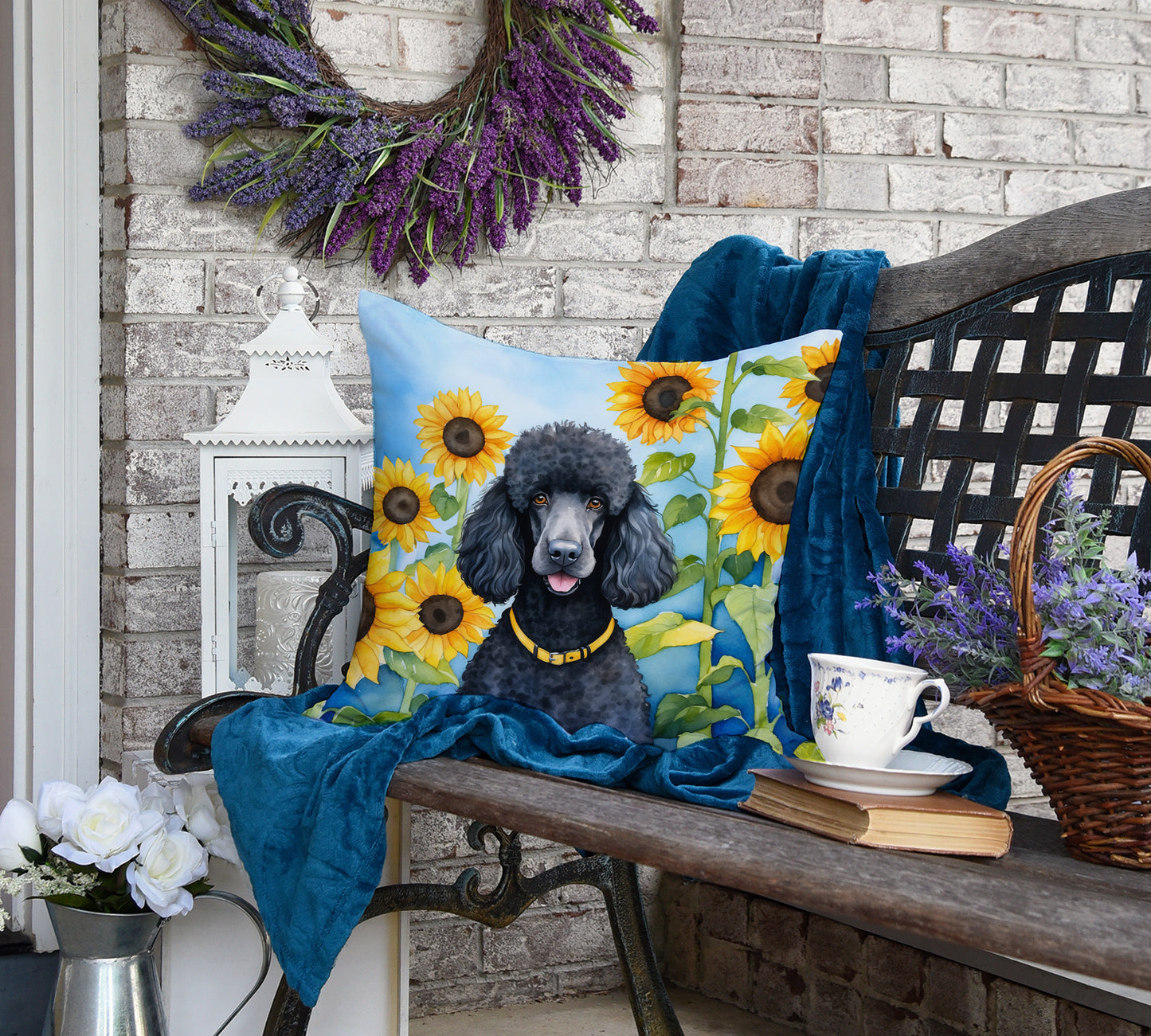 Black Poodle in Sunflowers Throw Pillow