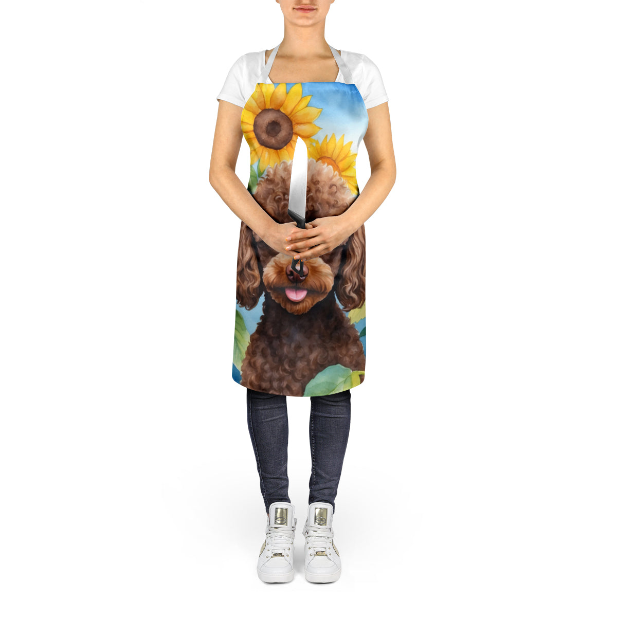 Chocolate Poodle in Sunflowers Apron