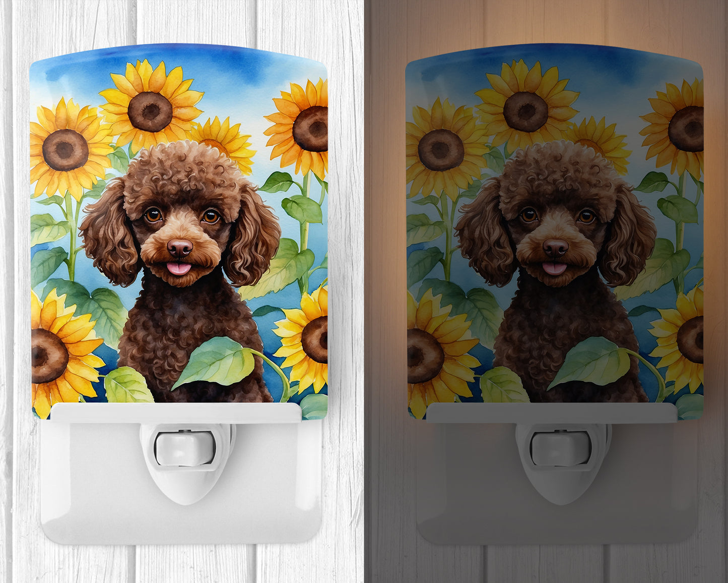 Chocolate Poodle in Sunflowers Ceramic Night Light