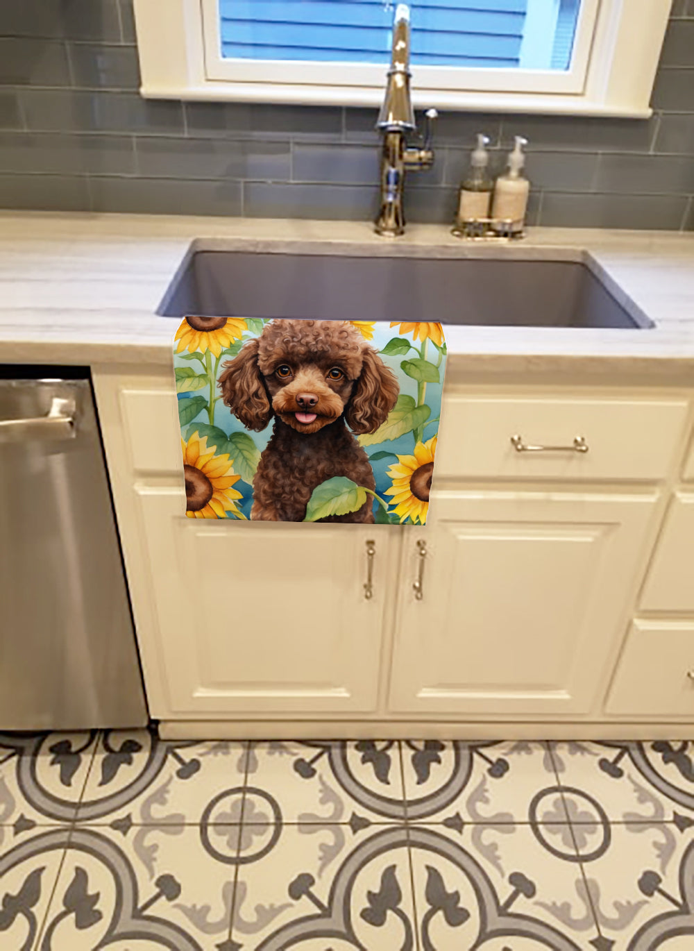 Chocolate Poodle in Sunflowers Kitchen Towel