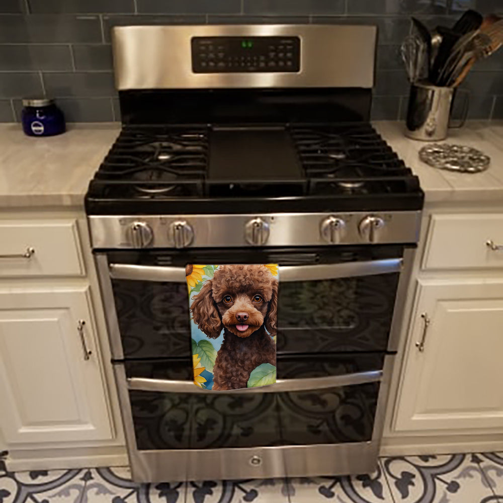 Chocolate Poodle in Sunflowers Kitchen Towel