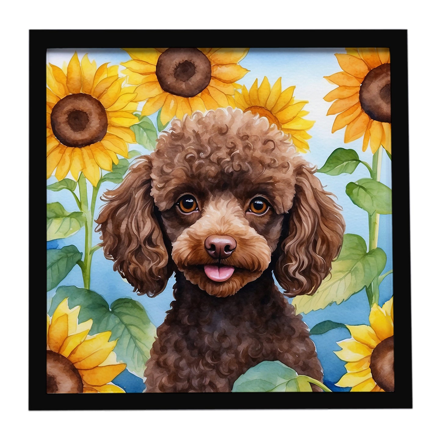 Buy this Chocolate Poodle in Sunflowers Framed Metal Print