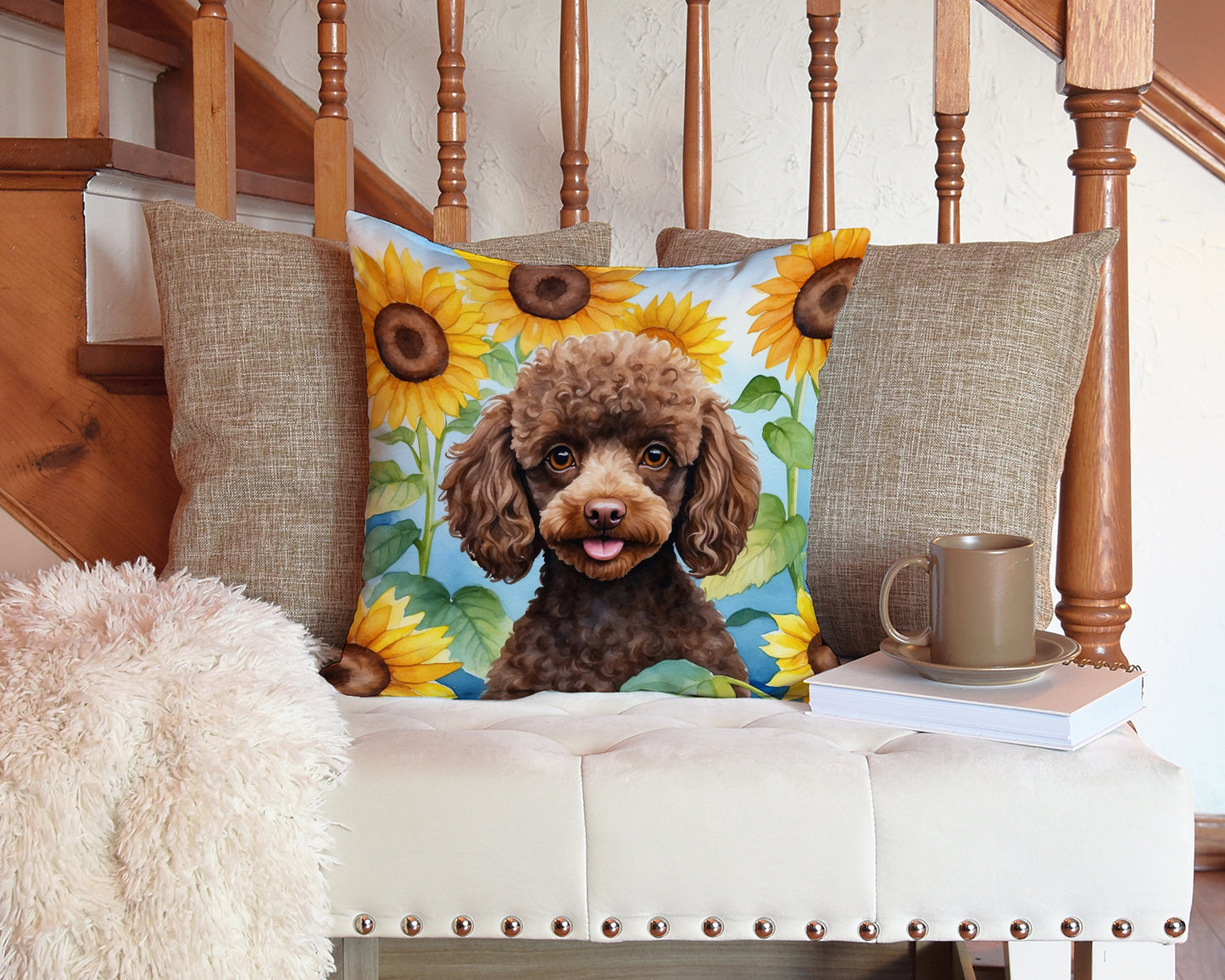 Chocolate Poodle in Sunflowers Throw Pillow