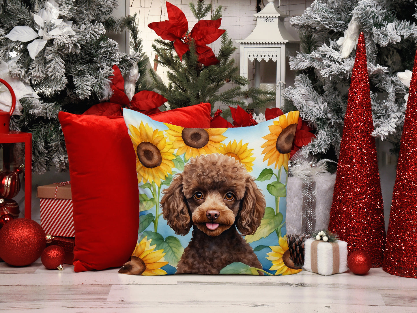 Chocolate Poodle in Sunflowers Throw Pillow