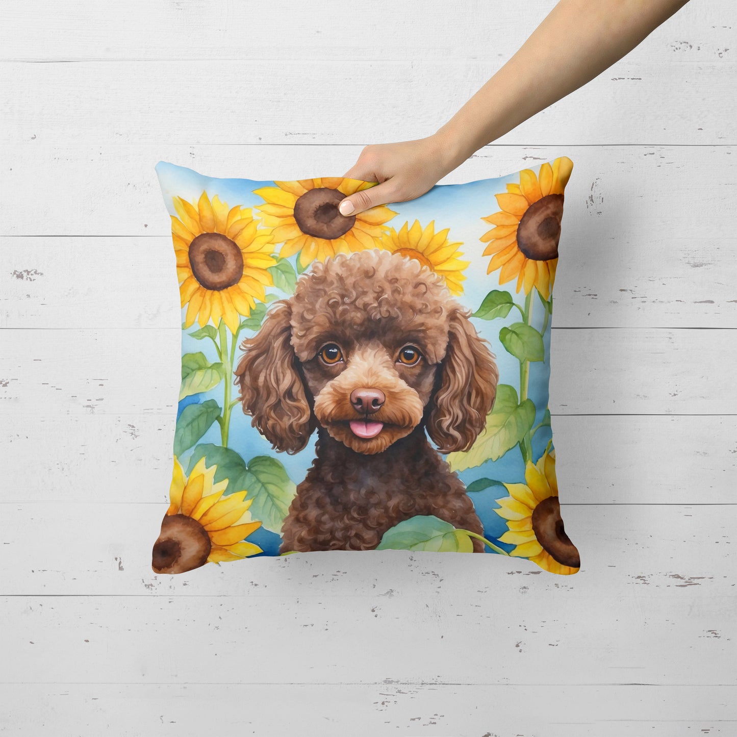 Chocolate Poodle in Sunflowers Throw Pillow