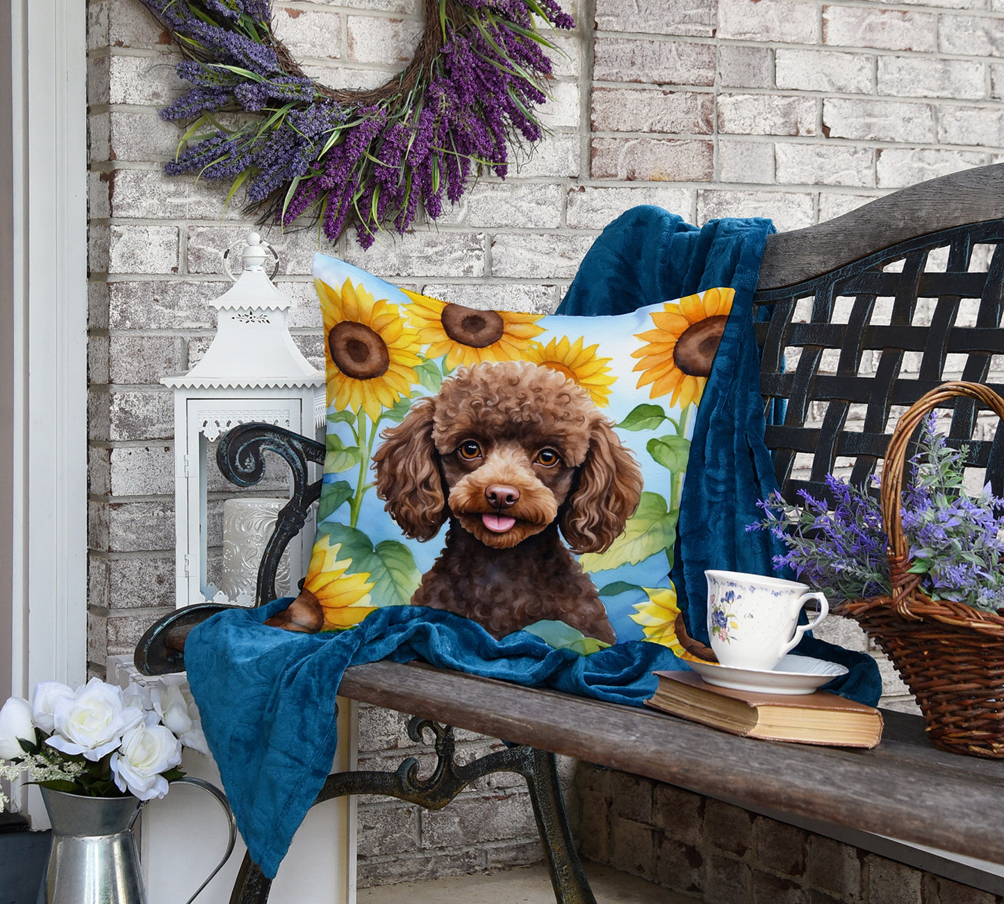 Chocolate Poodle in Sunflowers Throw Pillow