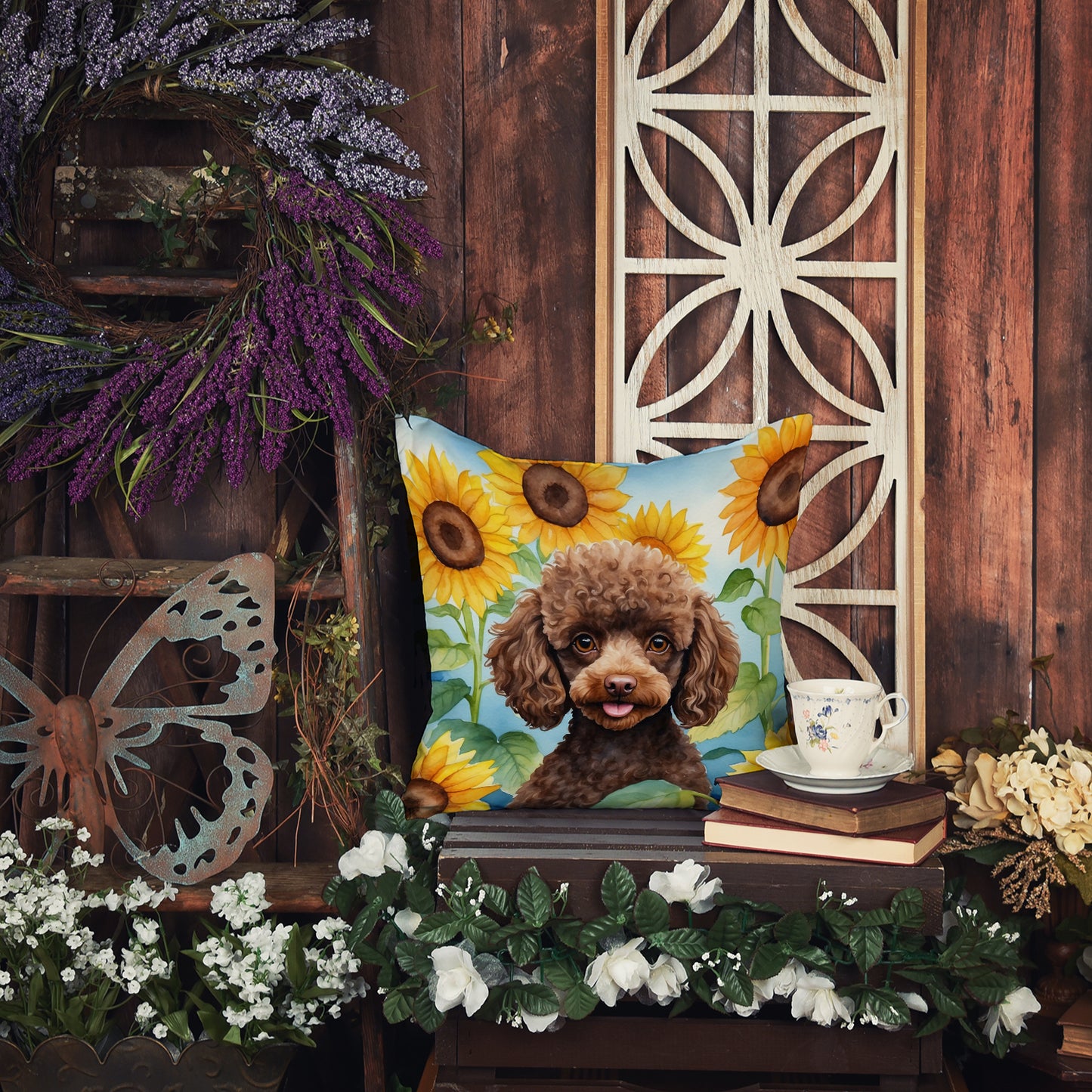 Chocolate Poodle in Sunflowers Throw Pillow