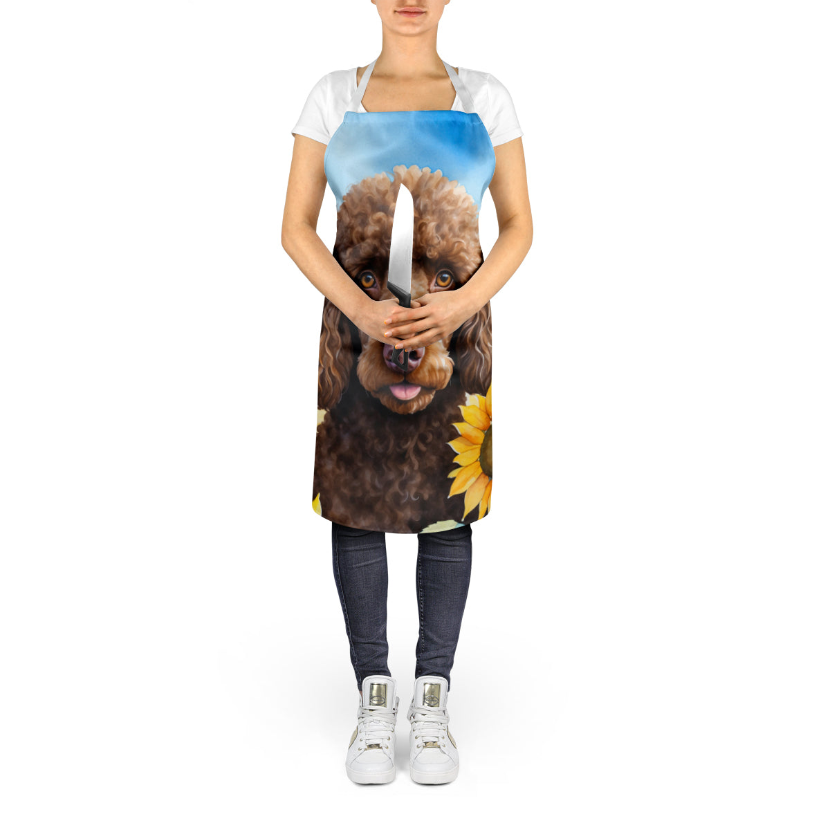 Chocolate Poodle in Sunflowers Apron